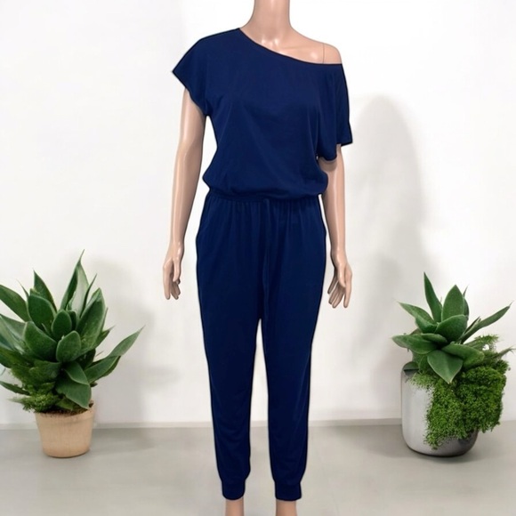 Women's Navy Blue Casual Wide-Neck Elastic Waist Stretch Long Romper Jumpsuit - Picture 9 of 16